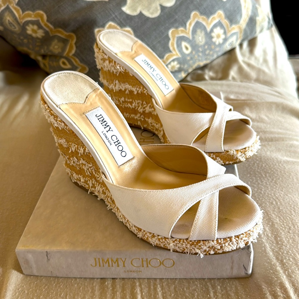 Jimmy Choo Almer 105 white wedge with raffia heel size 37.5